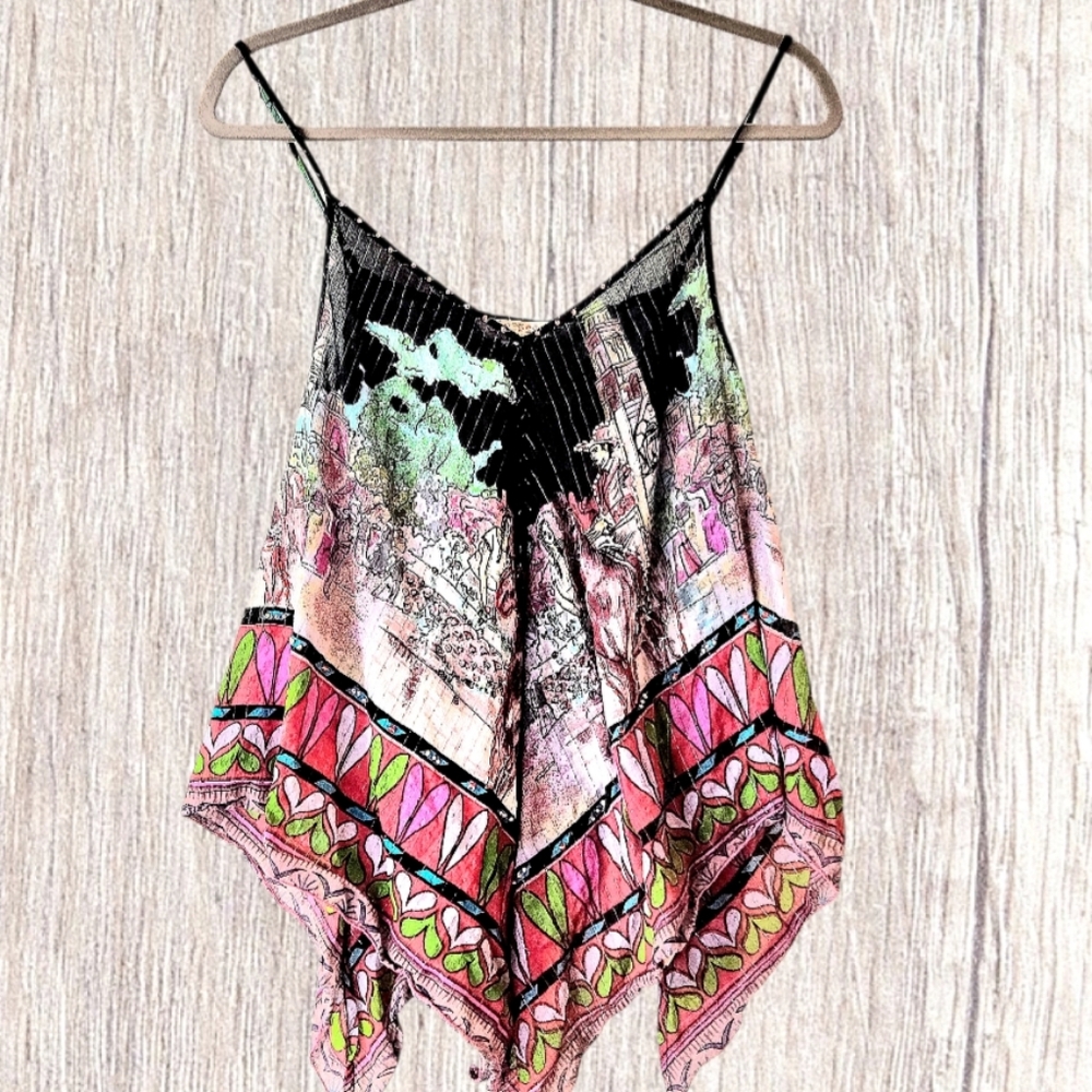L'pogee spaghetti strap handkerchief top beaded Mexican motif/ XL